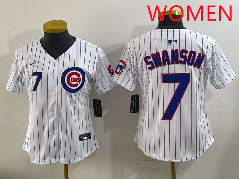 Women 2025 Chicago Cubs #7 Swanson White Stripe Game Nike MLB Jersey style 2->youth mlb jersey->Youth Jersey